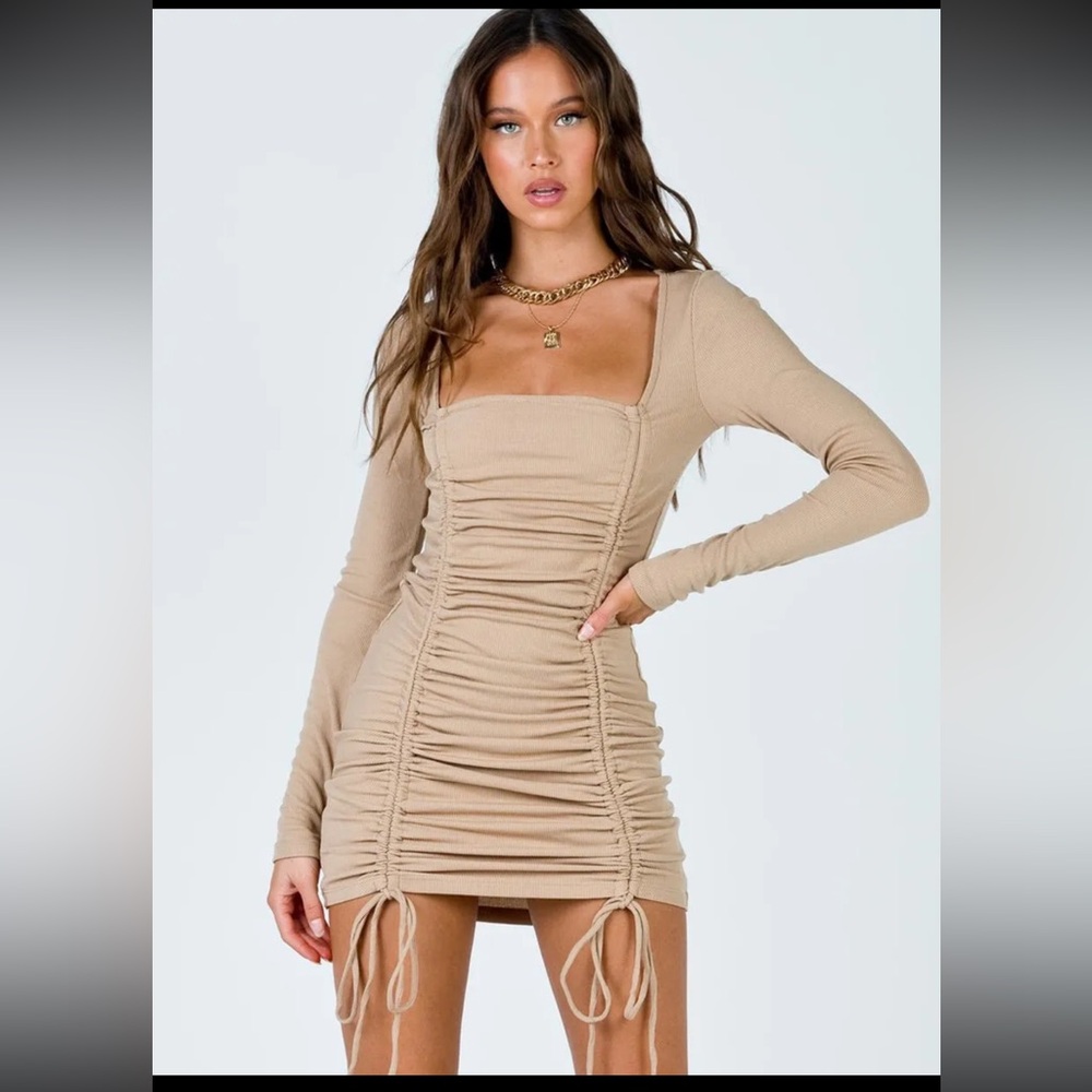 Princess Polly Mikayla Beige Tan Mini Bodycon Ruched Dress Womens size 12